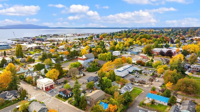 drone / aerial view featuring a water and mountain view