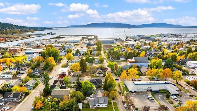 drone / aerial view with a water and mountain view