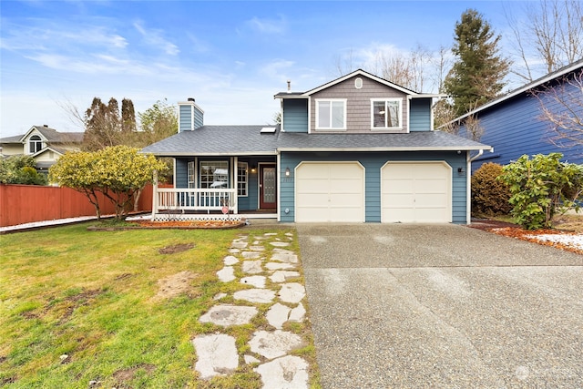 view of front of home with a garage, a porch, and a front lawn