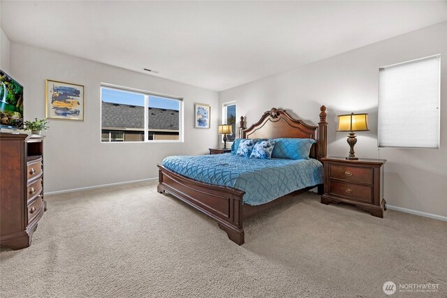 bedroom featuring visible vents, baseboards, and carpet flooring