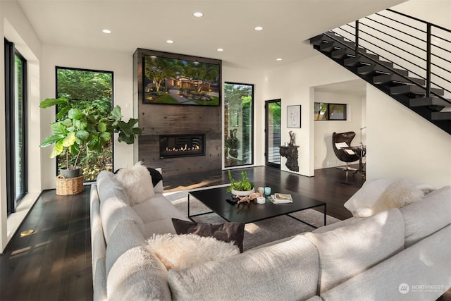 living room with a wealth of natural light, a fireplace, and dark hardwood / wood-style floors