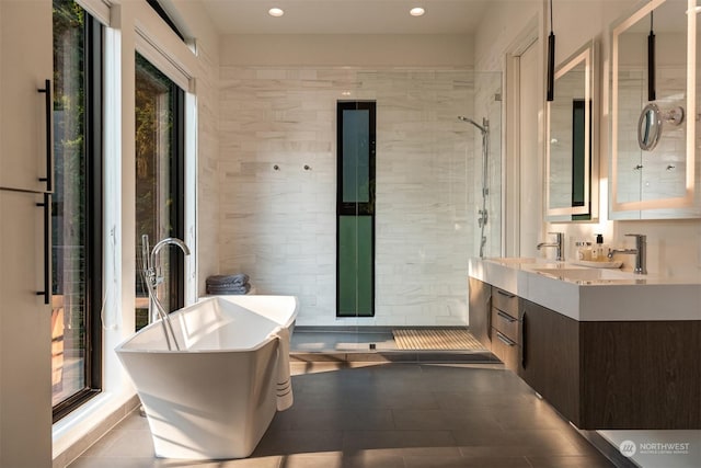 bathroom with vanity and separate shower and tub