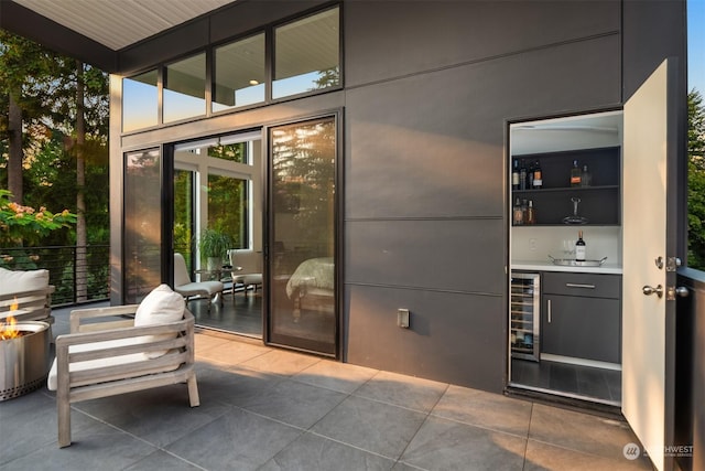 exterior space with wine cooler