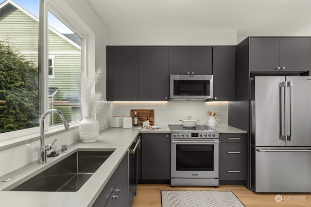 kitchen featuring high end appliances, sink, backsplash, and light wood-type flooring