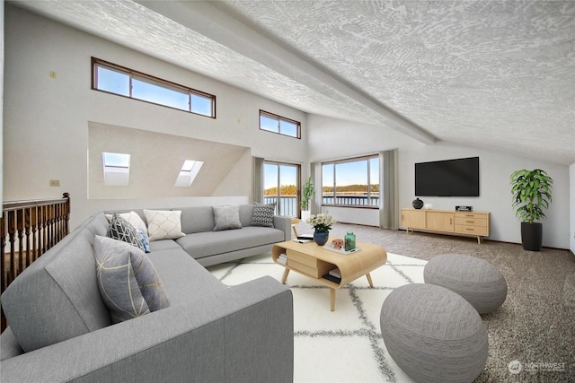 living room with carpet flooring, a textured ceiling, and lofted ceiling with skylight