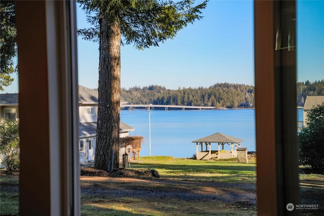 property view of water featuring a gazebo