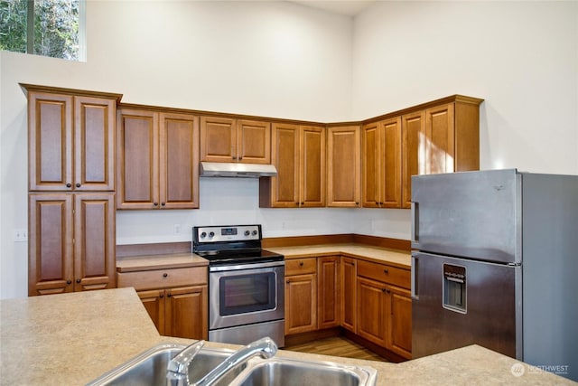 kitchen with a high ceiling, appliances with stainless steel finishes, and sink