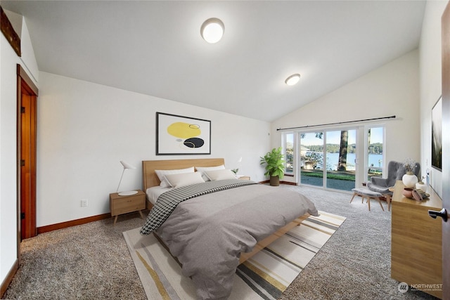 carpeted bedroom with access to exterior, high vaulted ceiling, and a water view