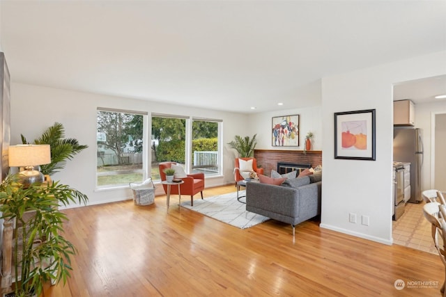 living room featuring a fireplace and light hardwood / wood-style flooring