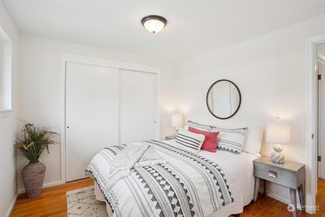 bedroom with wood-type flooring and a closet