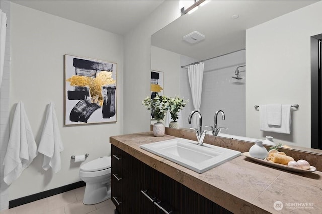 full bath with a shower with curtain, visible vents, toilet, vanity, and tile patterned flooring