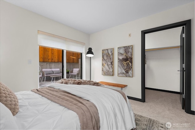 bedroom featuring carpet floors, access to outside, a spacious closet, and baseboards