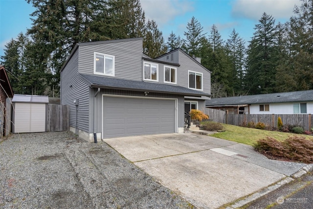 view of front of property with a garage, a front yard, and a storage unit