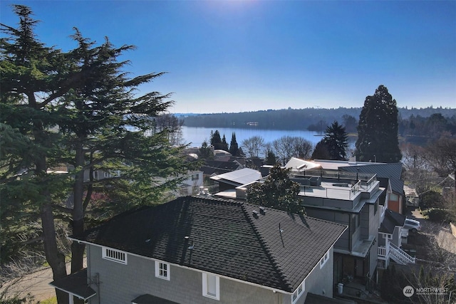 drone / aerial view featuring a water view