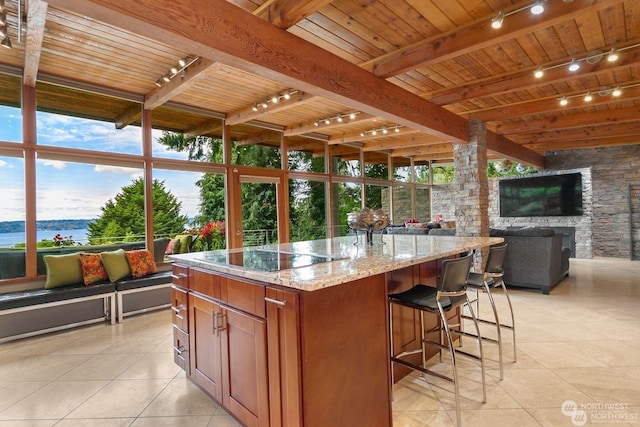 kitchen featuring a water view, wood ceiling, an island with sink, and light stone counters