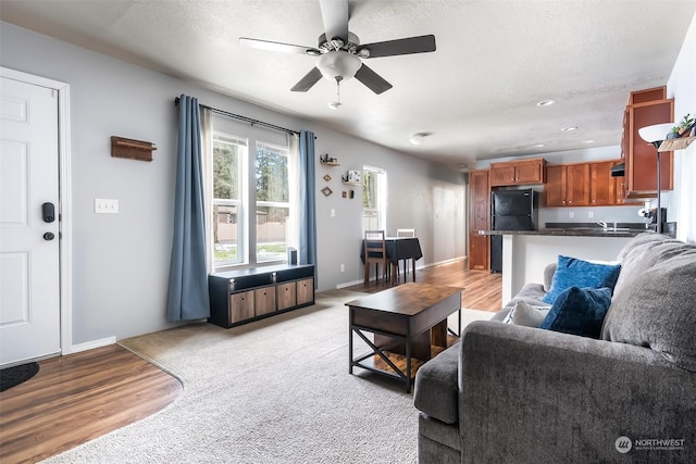 living room featuring ceiling fan, a textured ceiling, and light hardwood / wood-style flooring