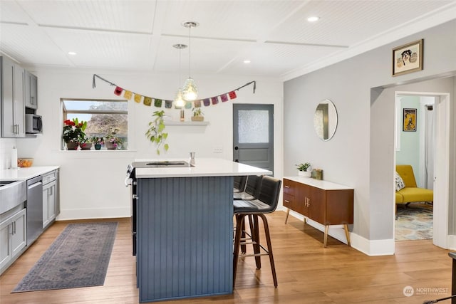 kitchen with hanging light fixtures, a breakfast bar, gray cabinetry, and stainless steel appliances