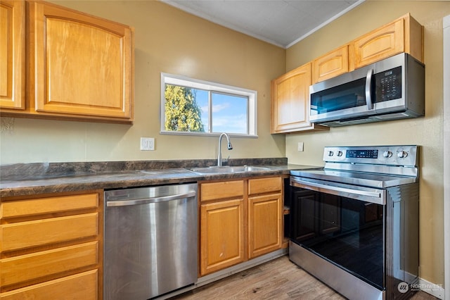 kitchen with crown molding, appliances with stainless steel finishes, sink, and light hardwood / wood-style flooring