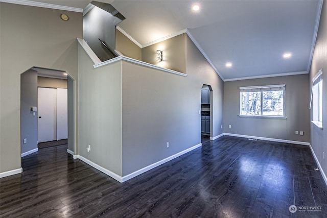 unfurnished living room with ornamental molding, dark hardwood / wood-style floors, and high vaulted ceiling