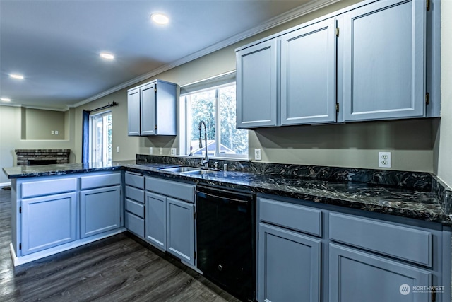 kitchen with black dishwasher, sink, dark hardwood / wood-style flooring, ornamental molding, and kitchen peninsula