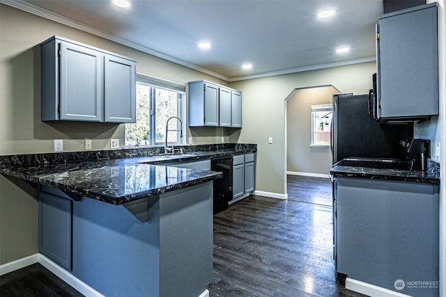 kitchen featuring sink, dark wood-type flooring, kitchen peninsula, and dishwasher