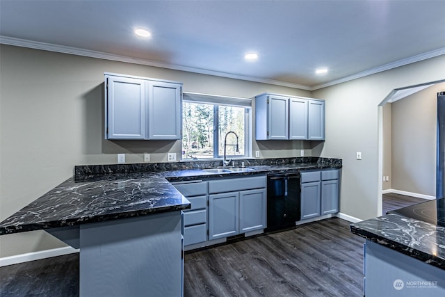 kitchen featuring sink, dark stone countertops, ornamental molding, dark hardwood / wood-style flooring, and black dishwasher