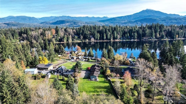 birds eye view of property featuring a water and mountain view