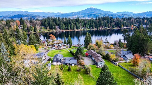 aerial view with a water and mountain view