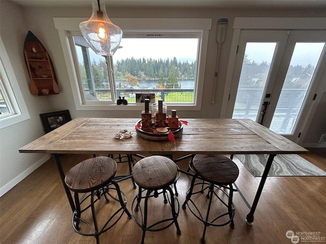 dining area with wood-type flooring and french doors