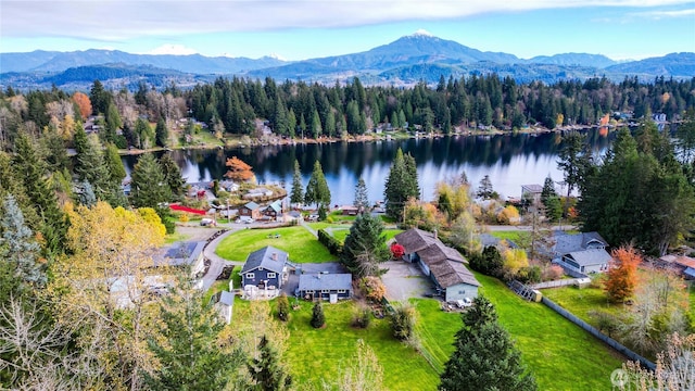 bird's eye view featuring a wooded view and a water and mountain view