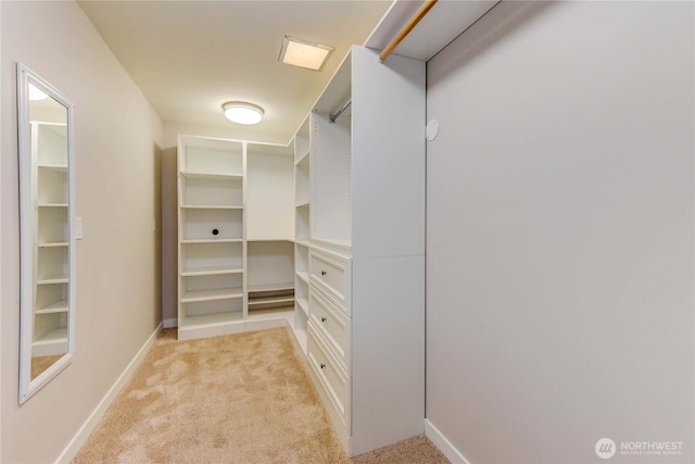 walk in closet with light carpet