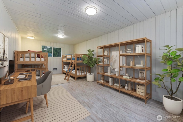 office space featuring wood finished floors and wood ceiling