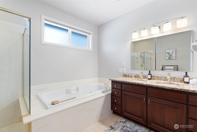 full bathroom featuring vanity, tile patterned floors, independent shower and bath, and toilet