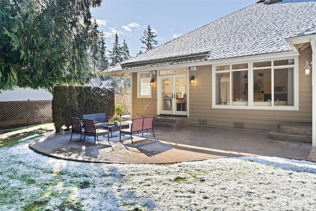 rear view of property with outdoor lounge area and a patio