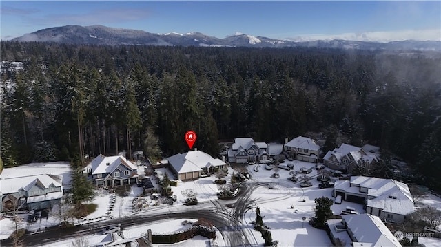 snowy aerial view featuring a mountain view