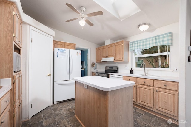 kitchen with sink, white appliances, ceiling fan, a center island, and light brown cabinetry