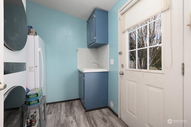 washroom featuring a wealth of natural light, sink, a textured ceiling, and light wood-type flooring