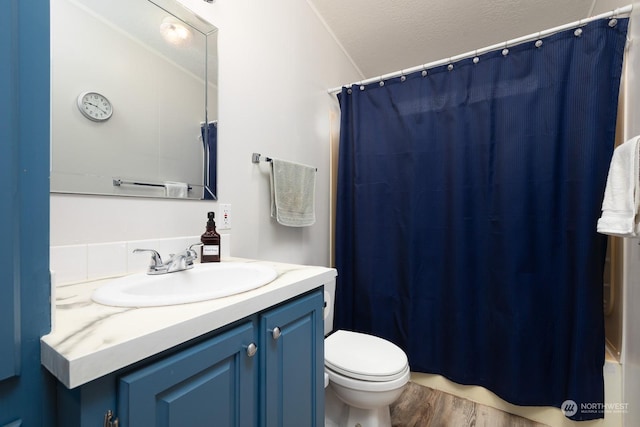 bathroom with vanity, toilet, curtained shower, and hardwood / wood-style floors