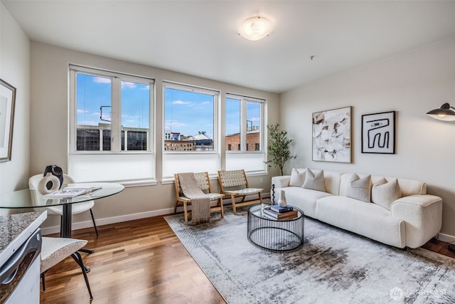 living area with wood finished floors and baseboards