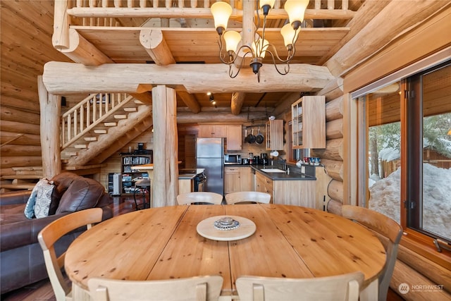 dining room with wooden ceiling, beam ceiling, sink, and a notable chandelier