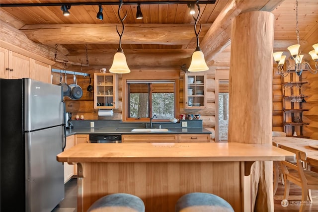 kitchen with stainless steel appliances, wooden ceiling, wooden counters, and log walls