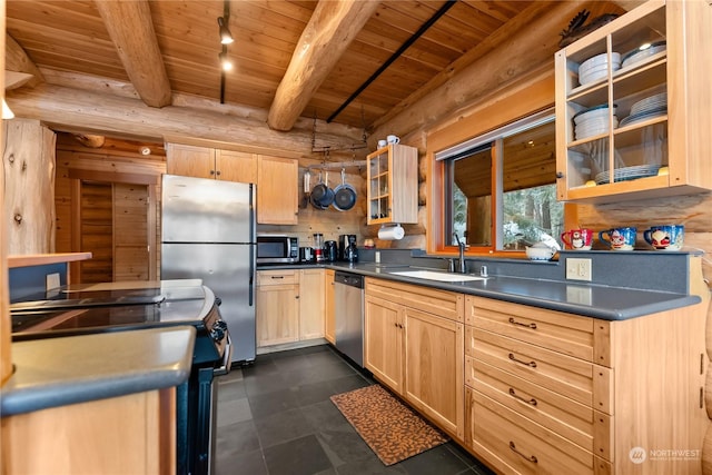 kitchen featuring light brown cabinetry, sink, wood ceiling, and stainless steel appliances