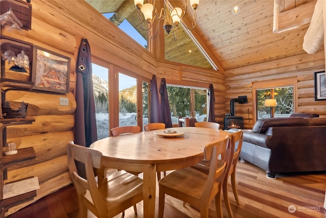 dining room featuring wood-type flooring, a wood stove, wood ceiling, and high vaulted ceiling