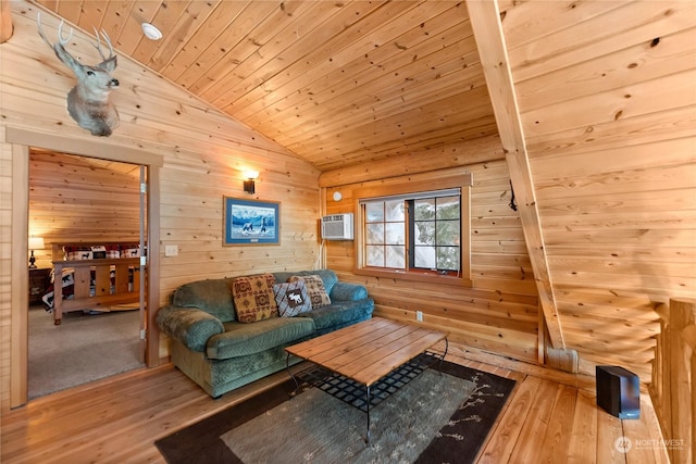 living room with wood ceiling, hardwood / wood-style flooring, wooden walls, vaulted ceiling, and an AC wall unit