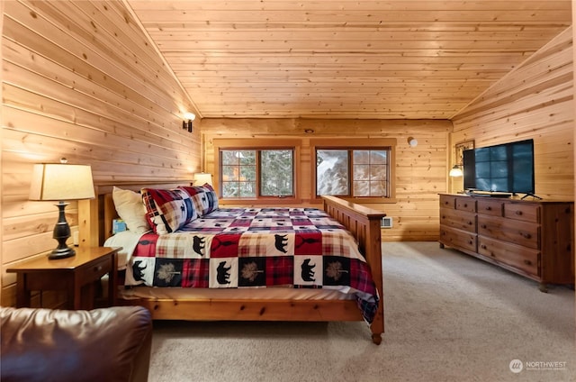 bedroom with vaulted ceiling, light carpet, and wooden ceiling