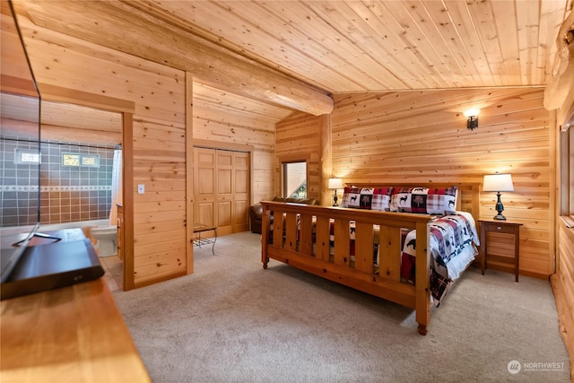 bedroom featuring lofted ceiling with beams, light carpet, wooden ceiling, and wood walls