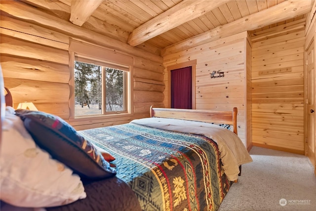 bedroom with rustic walls, beam ceiling, carpet, wooden ceiling, and wood walls