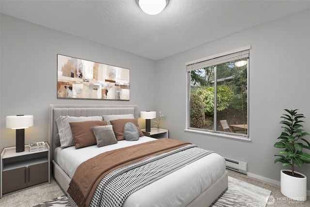 bedroom with baseboard heating, light colored carpet, a textured ceiling, and baseboards