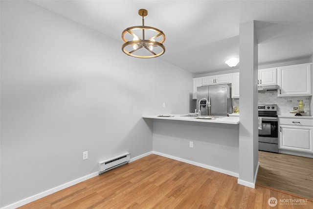 kitchen featuring backsplash, white cabinetry, appliances with stainless steel finishes, light wood finished floors, and baseboard heating