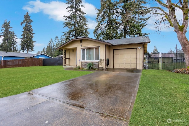 single story home with a garage and a front lawn